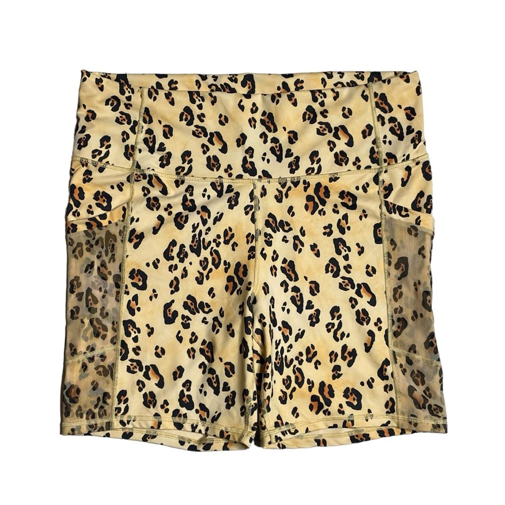 Fabletics PowerHold XL leopard print bike shorts tan